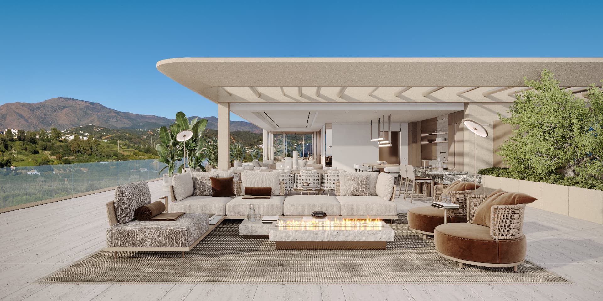 Luxury terrace lounge with fire table and mountain views